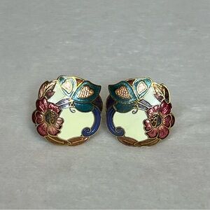 Vintage Cloisonné Floral Butterfly Earrings
